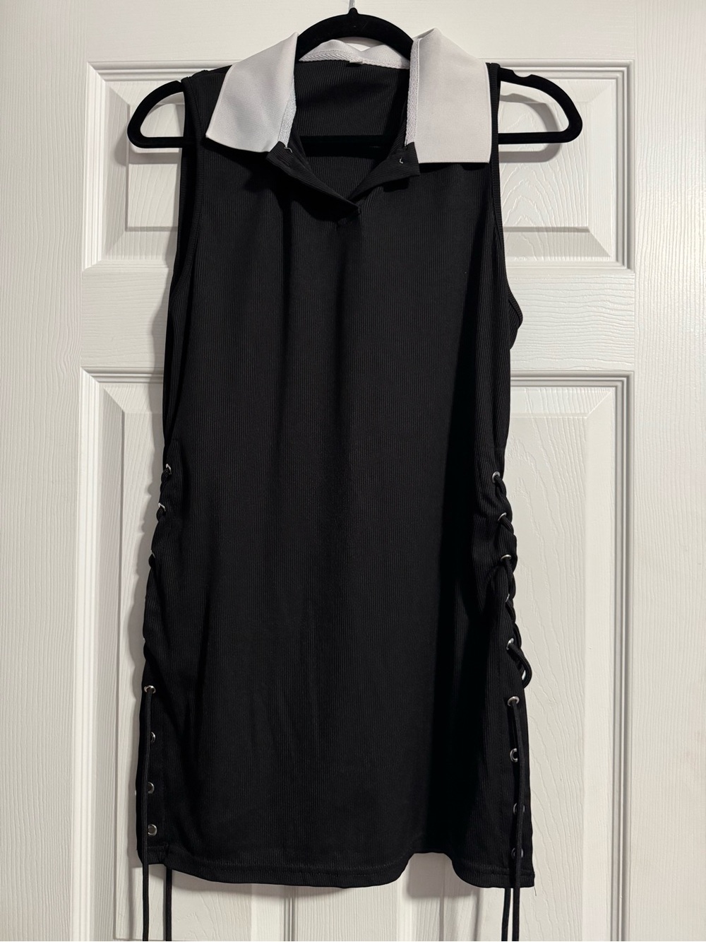 Black Sleeveless Mini Dress with White Collar & Lace-Up Sides